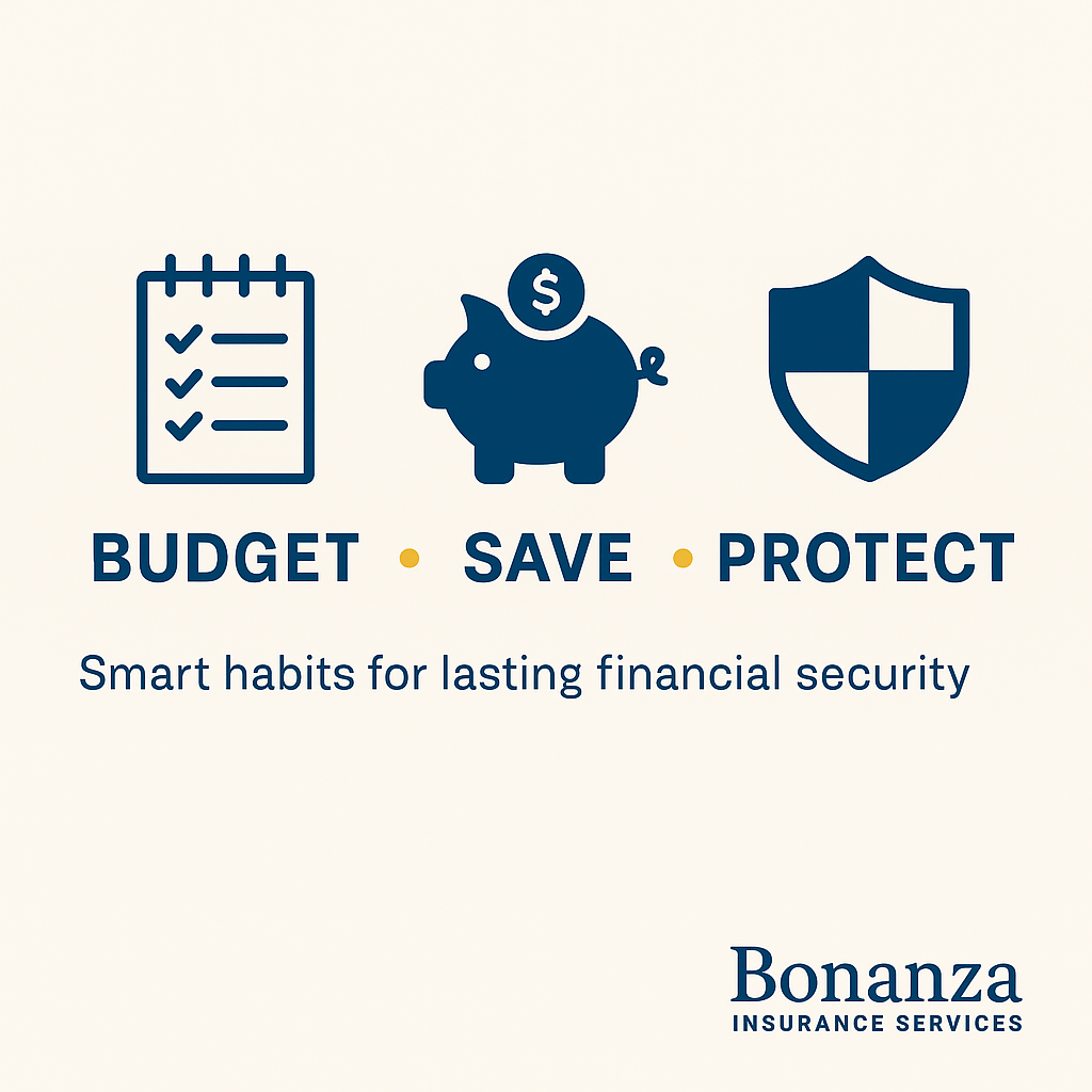 Icons representing budgeting, saving, and protecting income with insurance to build financial protection.